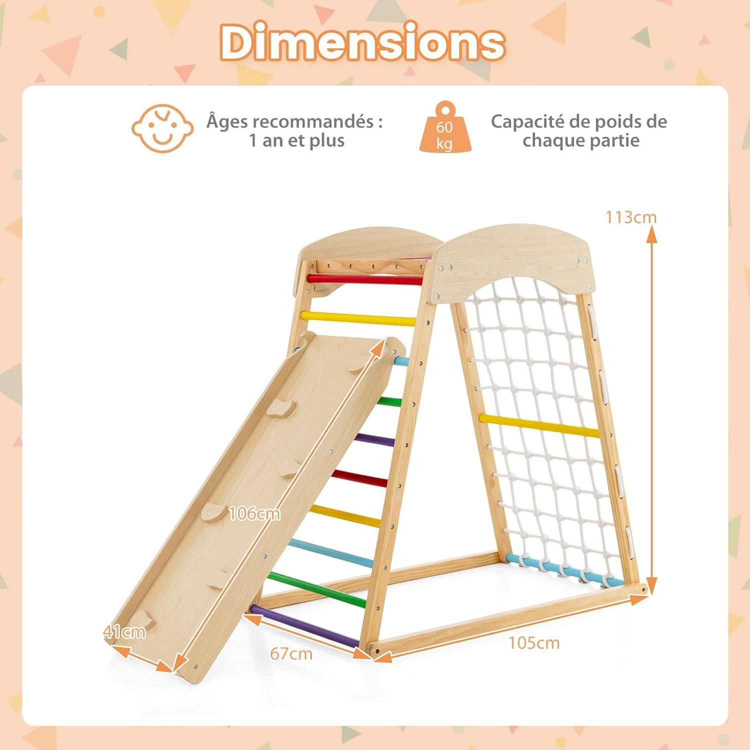 6 en 1 Triangle d'escalade en Bois Enfants, Filet et Echelle pour Grimper & Glisser (Multicolore) - Image 3