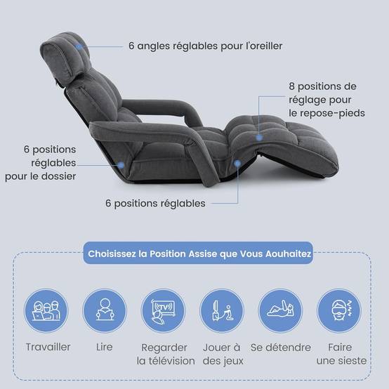 Fauteuil Convertible 1 Place Adulte avec Appui-tête, Dossier Réglable 6 Positions 16°-107°, Chauffeuse Convertible 196 x 72 x 19,5 cm, Gris Foncé - Image 3