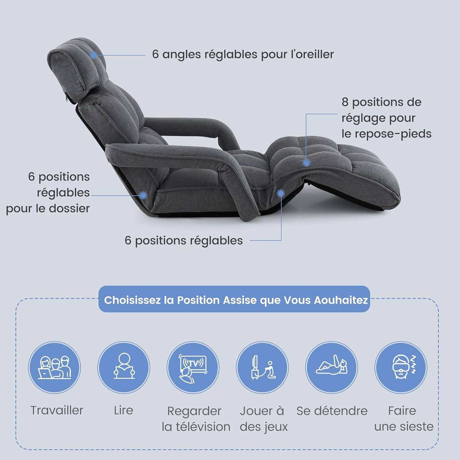 Fauteuil Convertible 1 Place Adulte avec Appui-tête, Dossier Réglable 6 Positions 16°-107°, Chauffeuse Convertible 196 x 72 x 19,5 cm, Gris Foncé - Image 3