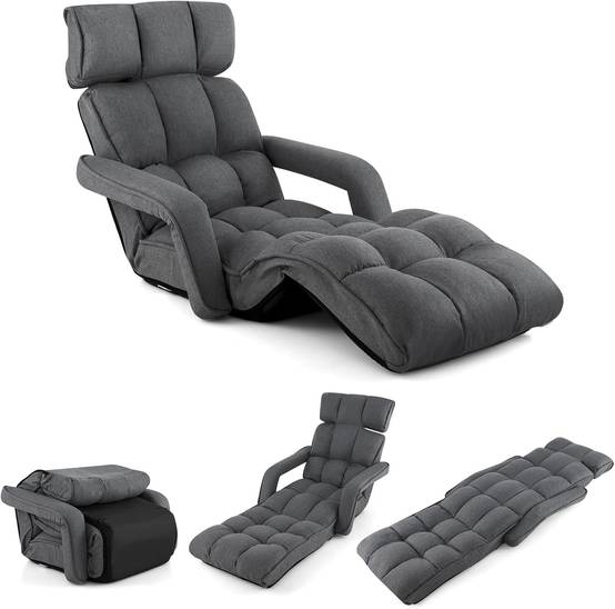 Fauteuil Convertible 1 Place Adulte avec Appui-tête, Dossier Réglable 6 Positions 16°-107°, Chauffeuse Convertible 196 x 72 x 19,5 cm, Gris Foncé - Image 1