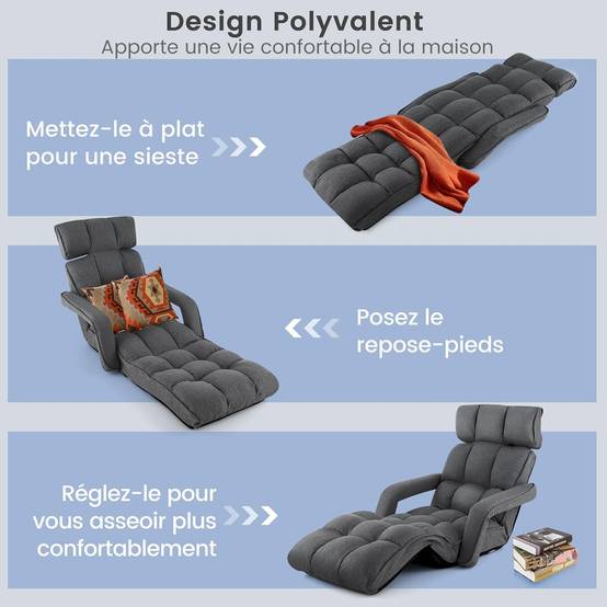 Fauteuil Convertible 1 Place Adulte avec Appui-tête, Dossier Réglable 6 Positions 16°-107°, Chauffeuse Convertible 196 x 72 x 19,5 cm, Gris Foncé - Image 5