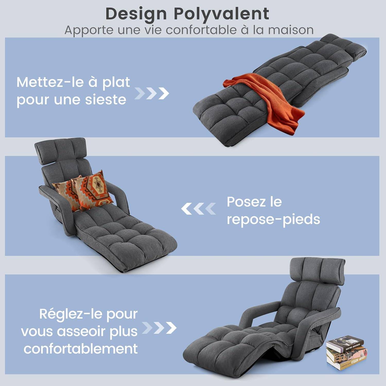 Fauteuil Convertible 1 Place Adulte avec Appui-tête, Dossier Réglable 6 Positions 16°-107°, Chauffeuse Convertible 196 x 72 x 19,5 cm, Gris Foncé - Image 5