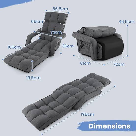 Fauteuil Convertible 1 Place Adulte avec Appui-tête, Dossier Réglable 6 Positions 16°-107°, Chauffeuse Convertible 196 x 72 x 19,5 cm, Gris Foncé - Image 2