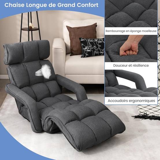 Fauteuil Convertible 1 Place Adulte avec Appui-tête, Dossier Réglable 6 Positions 16°-107°, Chauffeuse Convertible 196 x 72 x 19,5 cm, Gris Foncé - Image 4