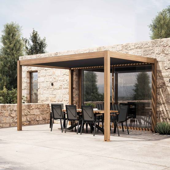 Oviala - Pergola bioclimatique autoportée 3x4m en aluminium bois gris Athenes - Oviala - Image 1