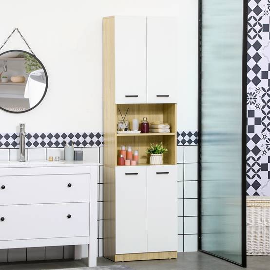 Meuble salle de bain étroit 5 niveaux avec portes cannelées, rangement compact 60x31,8x93 cm blanc moderne - Image 3