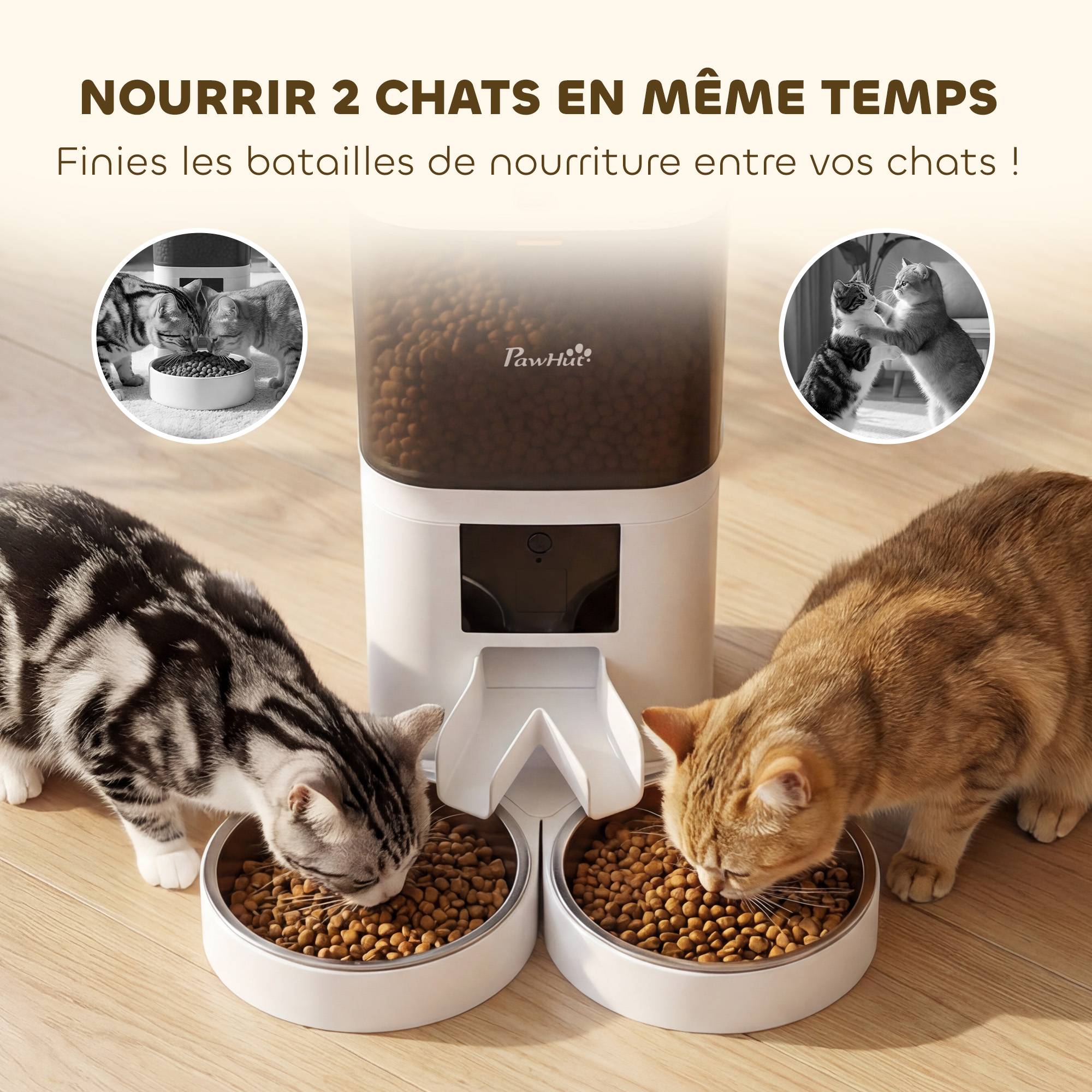 Distributeur Croquettes Chat Automatique 2 Animaux 6L Double Bol Inox WiFi Tuya App ABS 37x36x35cm Blanc - Image 8