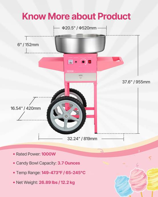 VEVOR Machine barbe à papa avec chariot, 1000 W, bol inox 52 cm. Commerciale, pour fêtes anniversaire, rose. - Image 7