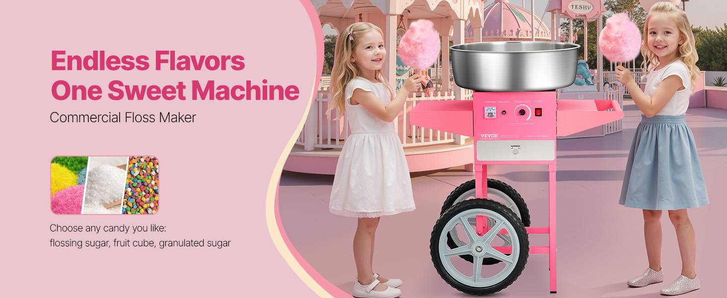 VEVOR Machine barbe à papa avec chariot, 1000 W, bol inox 52 cm. Commerciale, pour fêtes anniversaire, rose. - Image 9