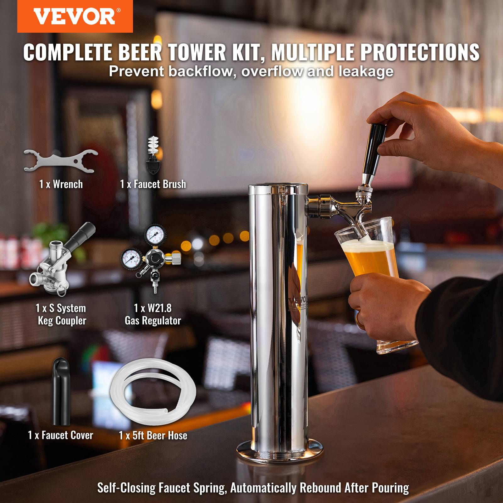 VEVOR Kit colonne bière 1 robinet, inox, régulateur double jauge W21,8. Système S. - Image 2