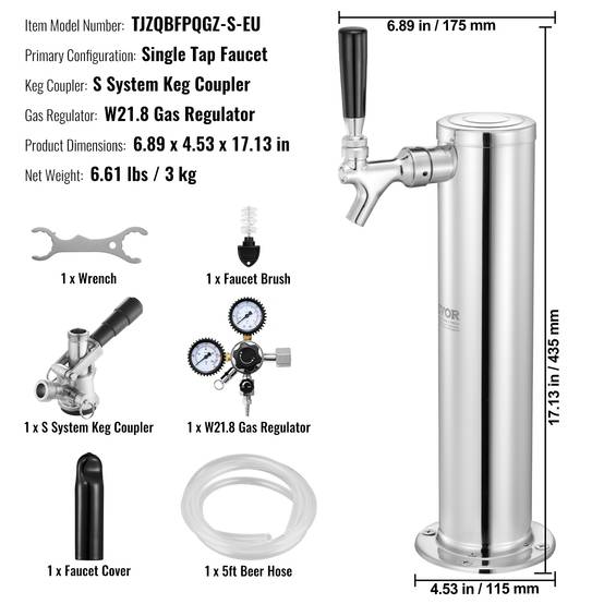 VEVOR Kit colonne bière 1 robinet, inox, régulateur double jauge W21,8. Système S. - Image 7
