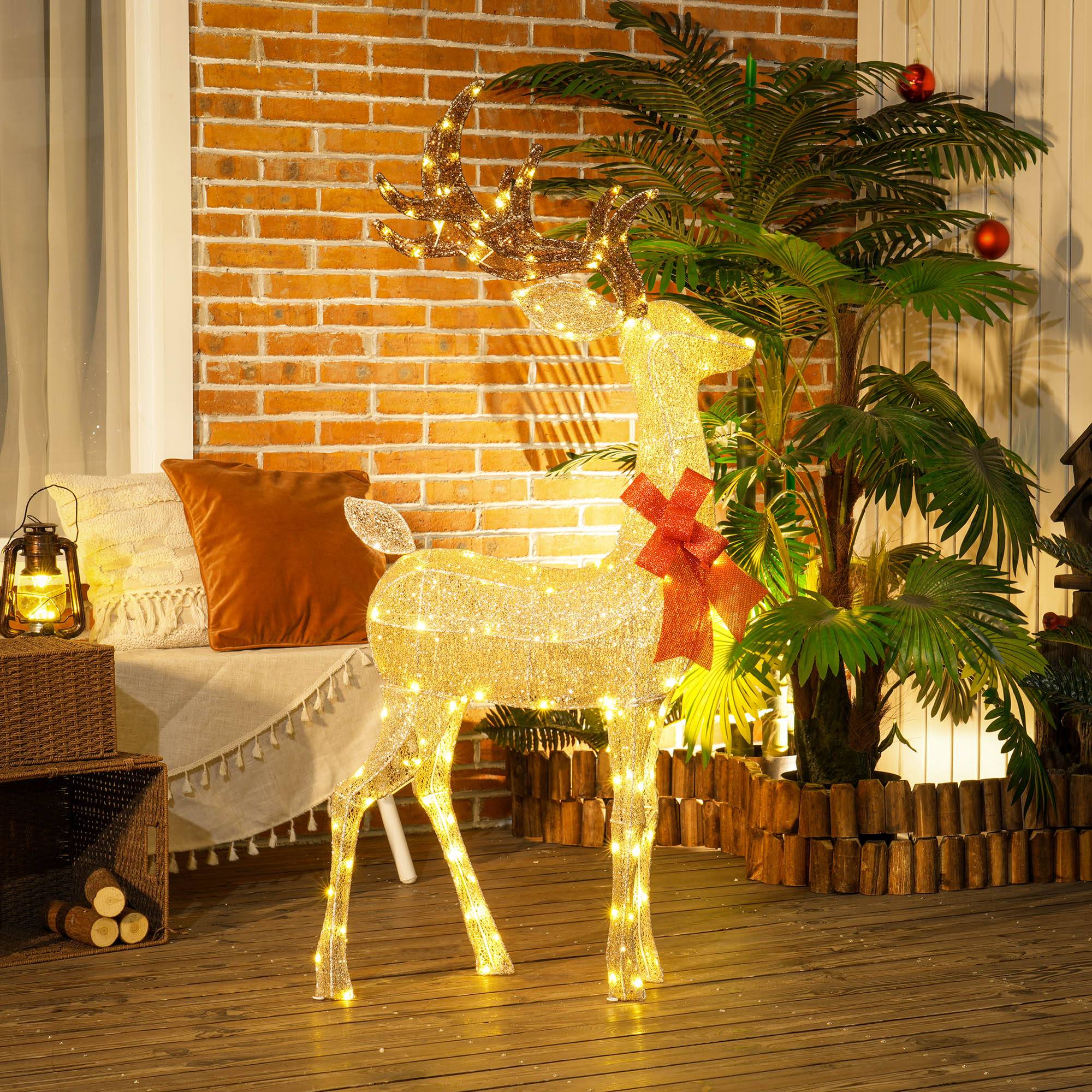 ComfortXL - Renne de Noël lumineux en acier doré 66 x 25 x 135 cm pour jardin avec 137 LED blanc chaud et piquets - Image 1