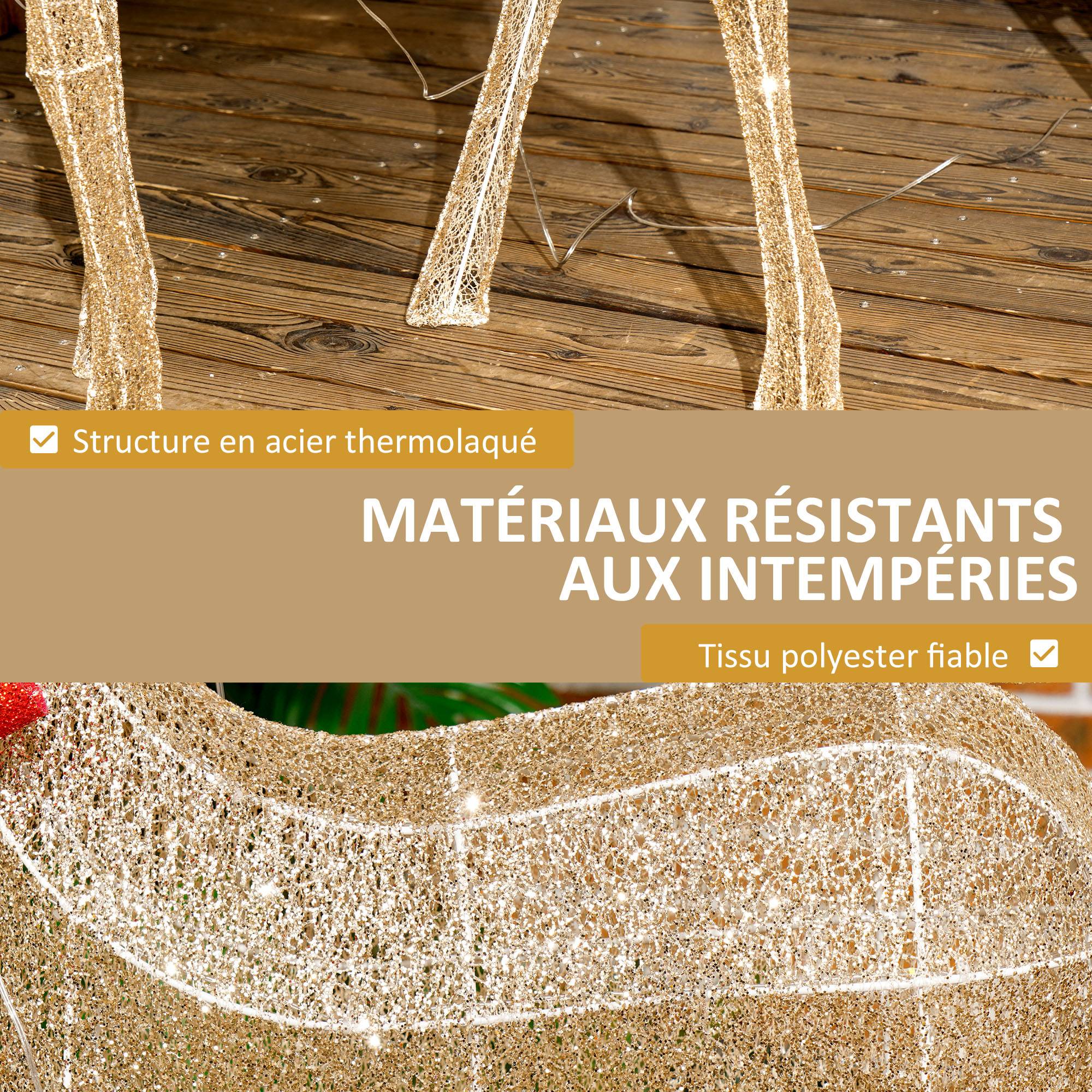 ComfortXL - Renne de Noël lumineux en acier doré 66 x 25 x 135 cm pour jardin avec 137 LED blanc chaud et piquets - Image 6