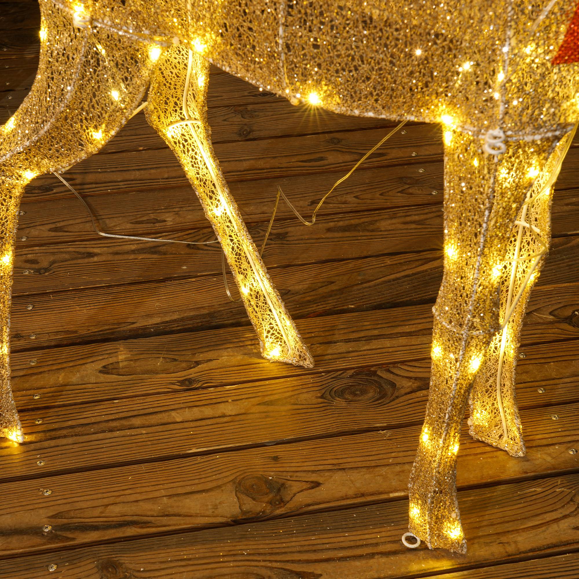 ComfortXL - Renne de Noël lumineux en acier doré 66 x 25 x 135 cm pour jardin avec 137 LED blanc chaud et piquets - Image 9
