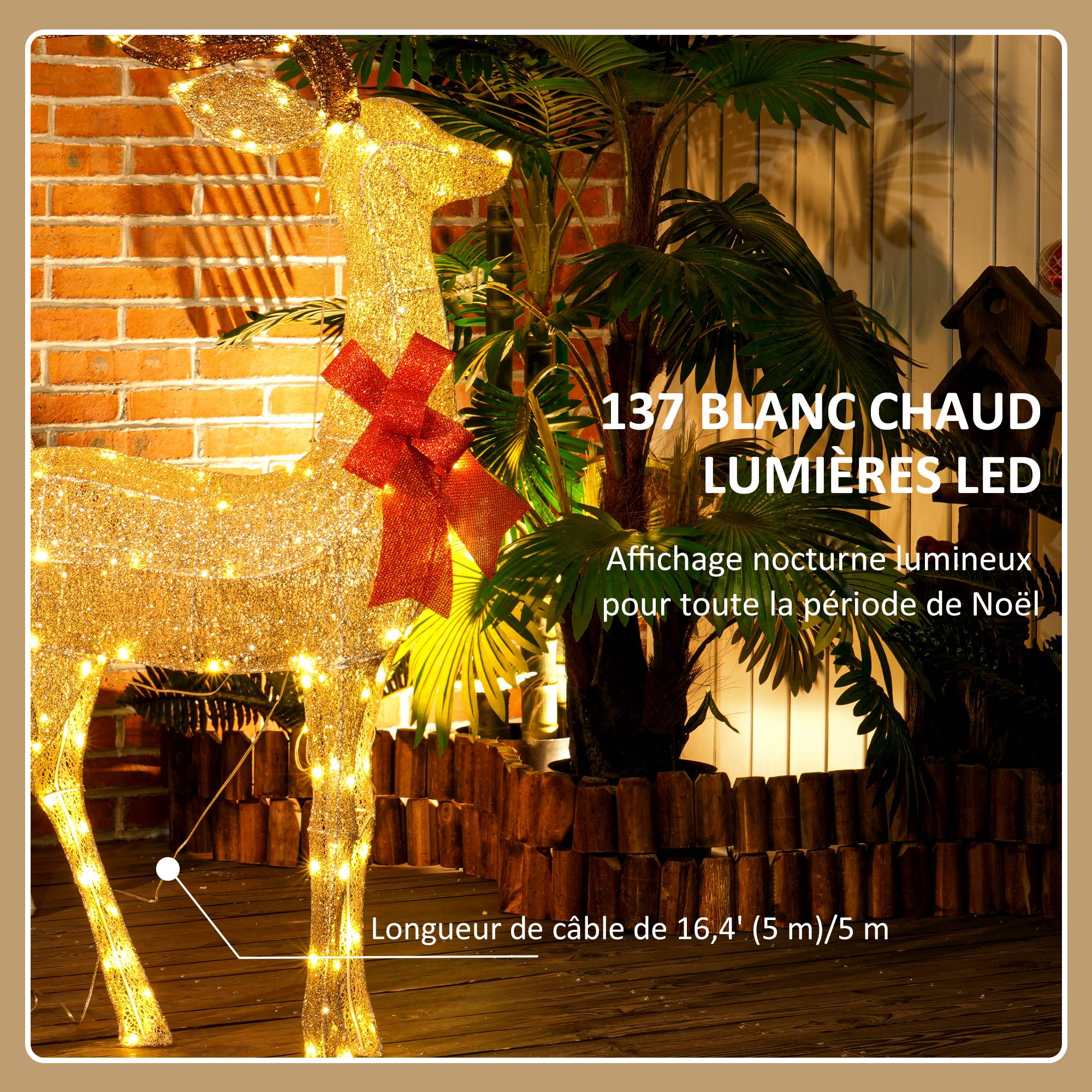 ComfortXL - Renne de Noël lumineux en acier doré 66 x 25 x 135 cm pour jardin avec 137 LED blanc chaud et piquets - Image 5