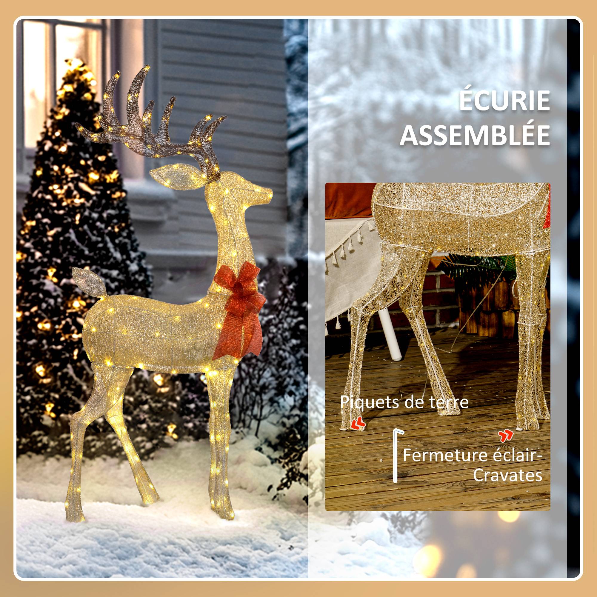 ComfortXL - Renne de Noël lumineux en acier doré 66 x 25 x 135 cm pour jardin avec 137 LED blanc chaud et piquets - Image 7