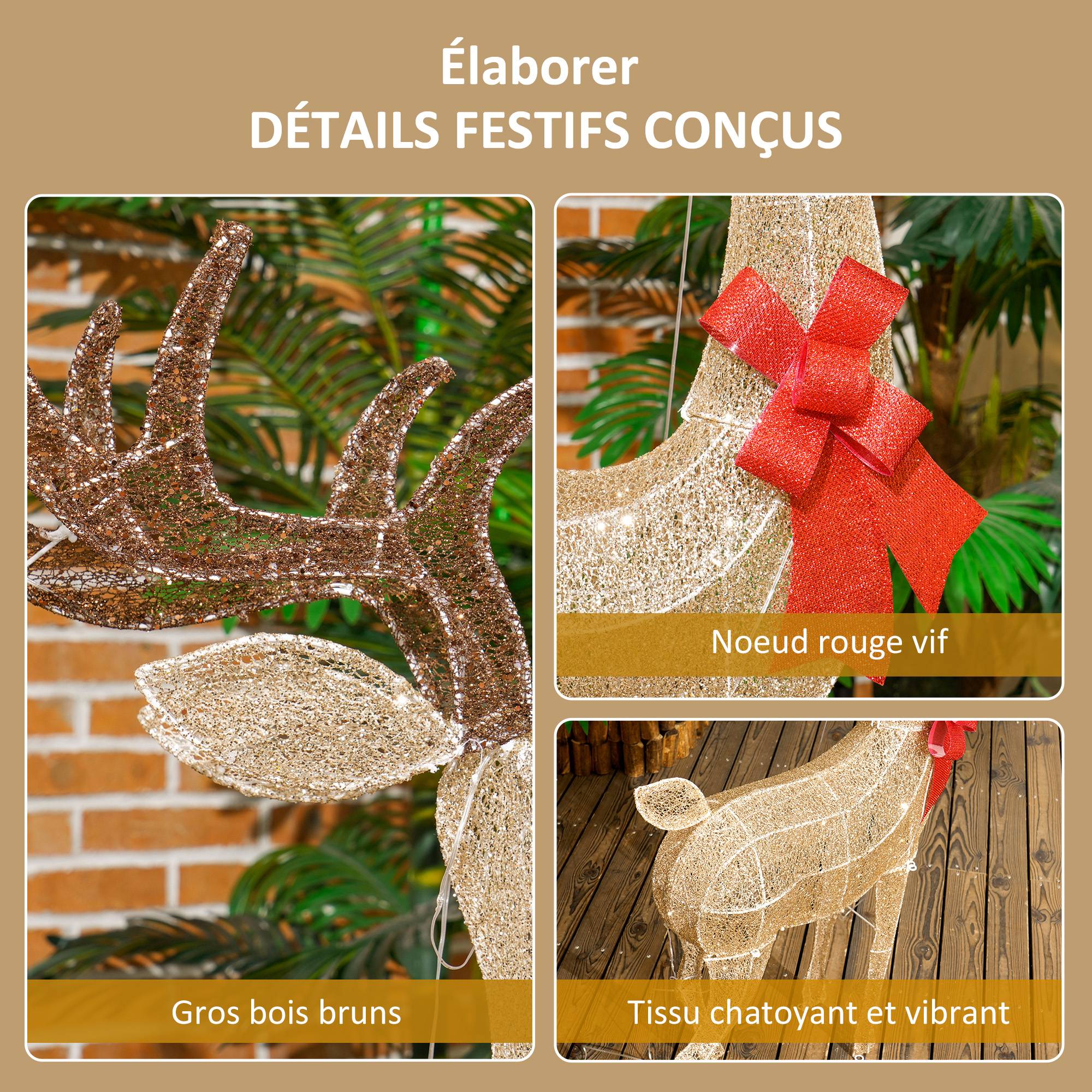 ComfortXL - Renne de Noël lumineux en acier doré 66 x 25 x 135 cm pour jardin avec 137 LED blanc chaud et piquets - Image 8