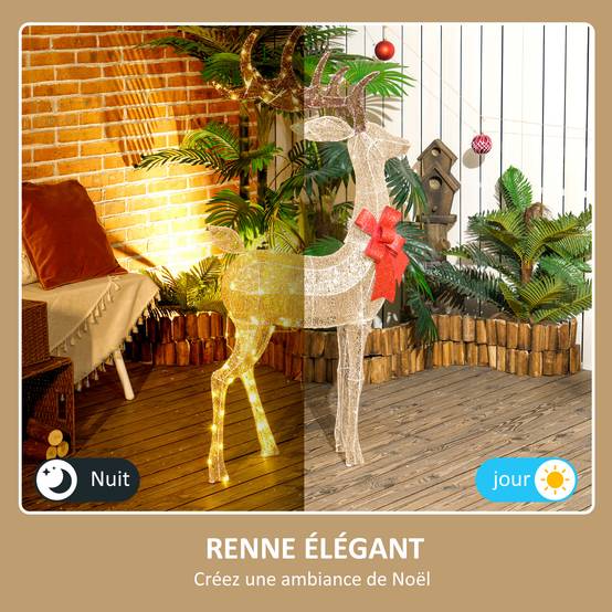 ComfortXL - Renne de Noël lumineux en acier doré 66 x 25 x 135 cm pour jardin avec 137 LED blanc chaud et piquets - Image 4