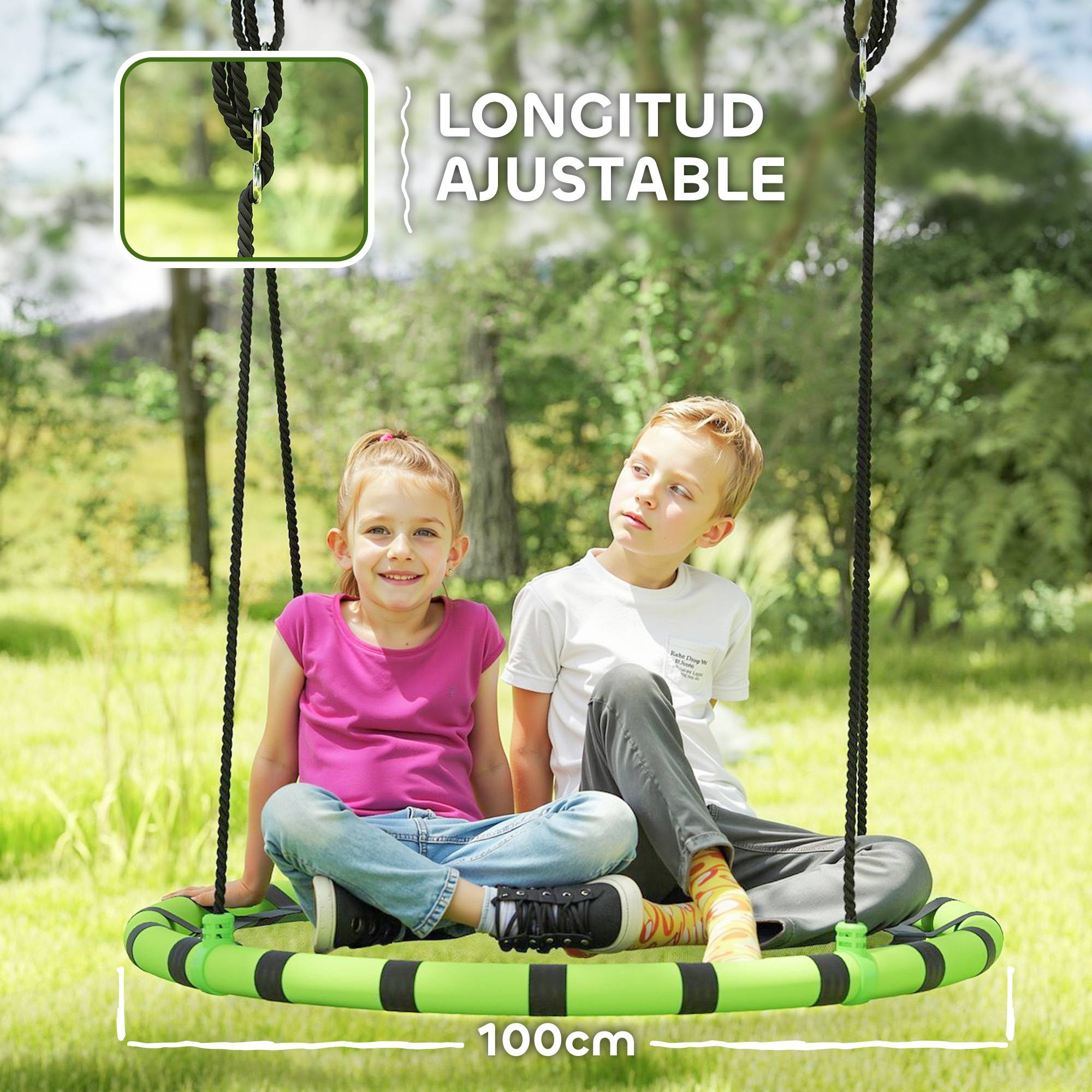 Balançoire de jardin ronde pour enfants de 100 cm de diamètre, hauteur réglable, supportant jusqu'à 150 kg, Ø 100 x 180 cm, noire et verte. - Image 7