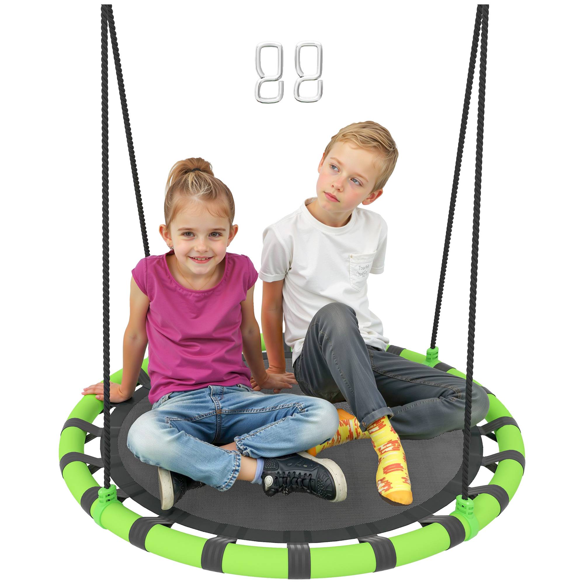 Balançoire de jardin ronde pour enfants de 100 cm de diamètre, hauteur réglable, supportant jusqu'à 150 kg, Ø 100 x 180 cm, noire et verte. - Image 1