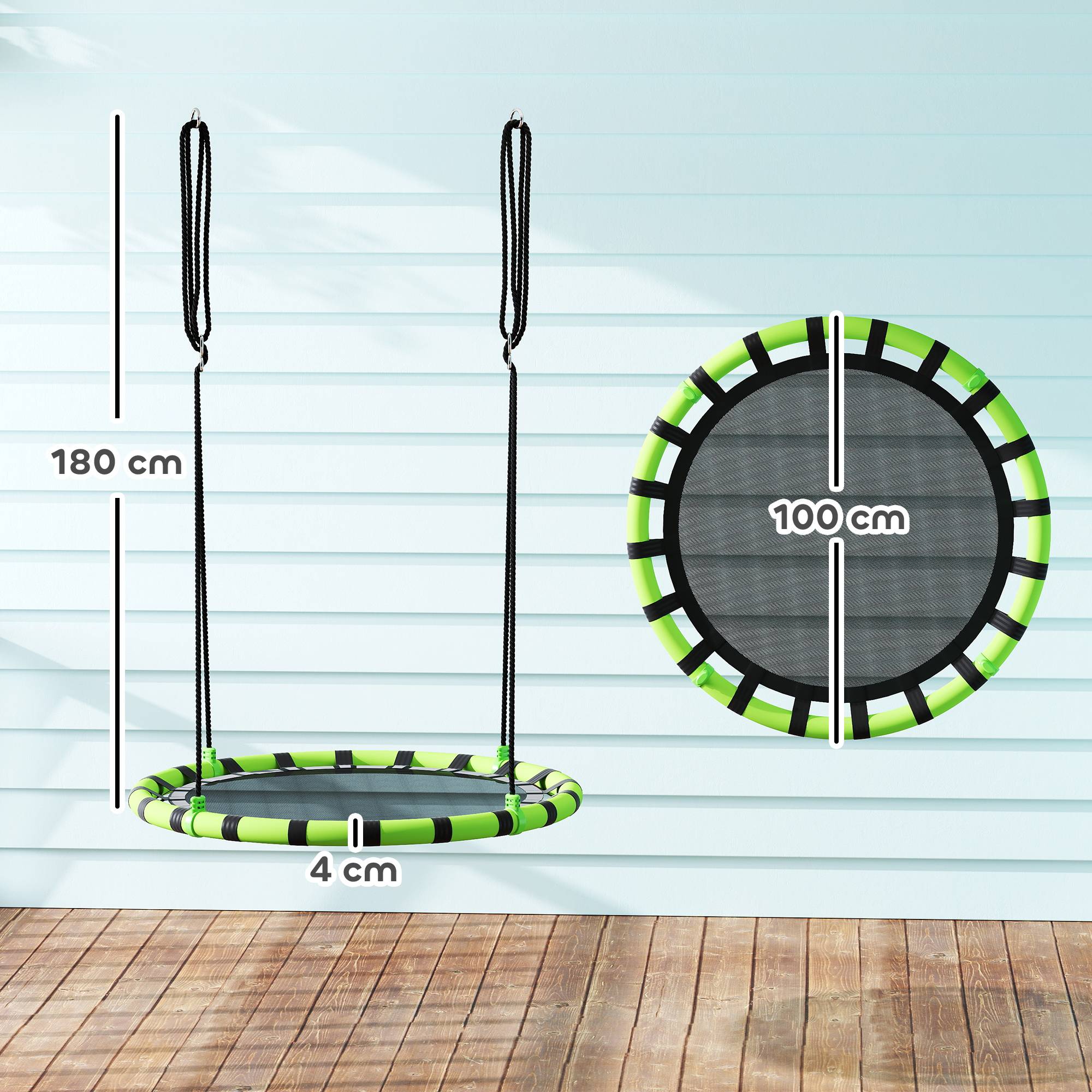 Balançoire de jardin ronde pour enfants de 100 cm de diamètre, hauteur réglable, supportant jusqu'à 150 kg, Ø 100 x 180 cm, noire et verte. - Image 5