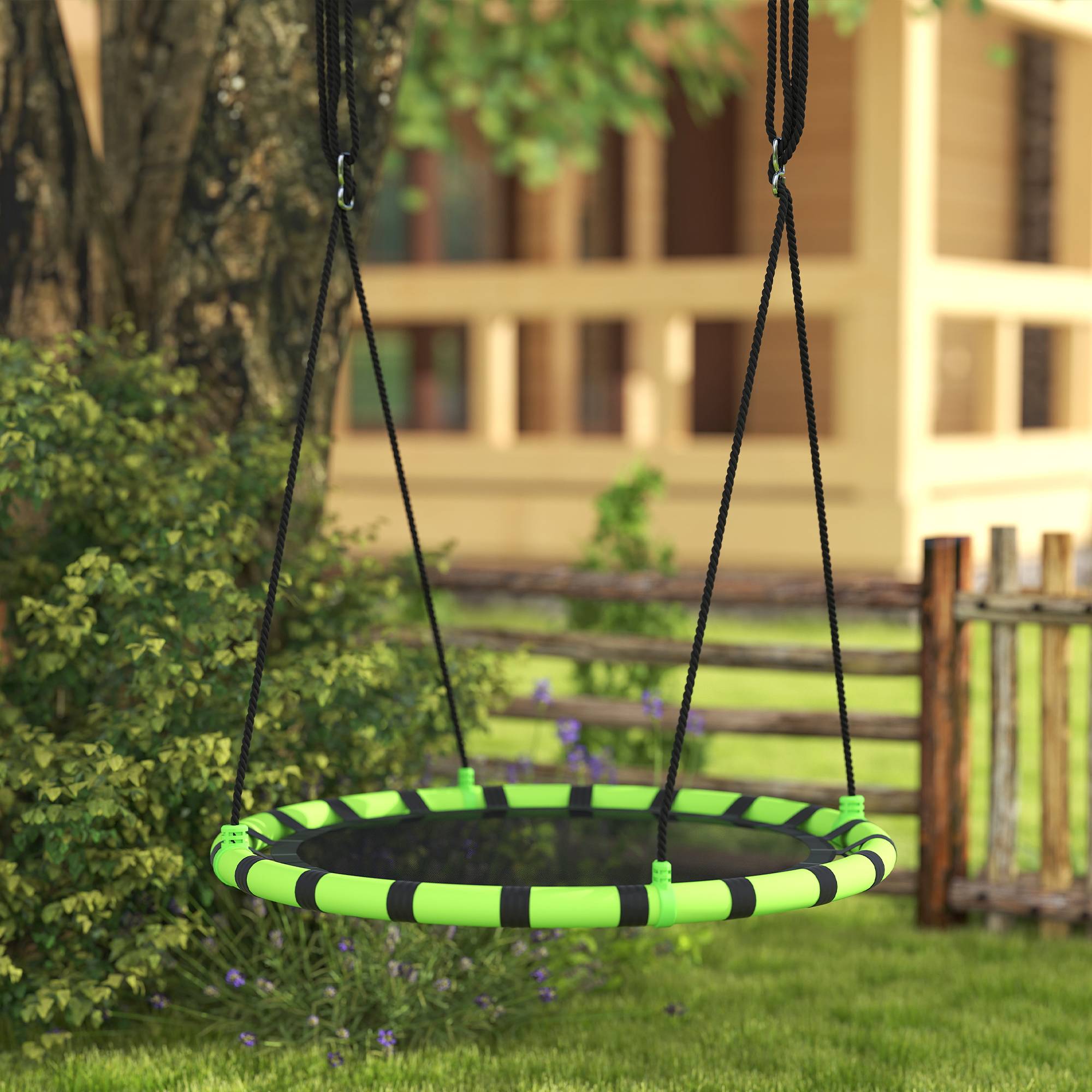 Balançoire de jardin ronde pour enfants de 100 cm de diamètre, hauteur réglable, supportant jusqu'à 150 kg, Ø 100 x 180 cm, noire et verte. - Image 4