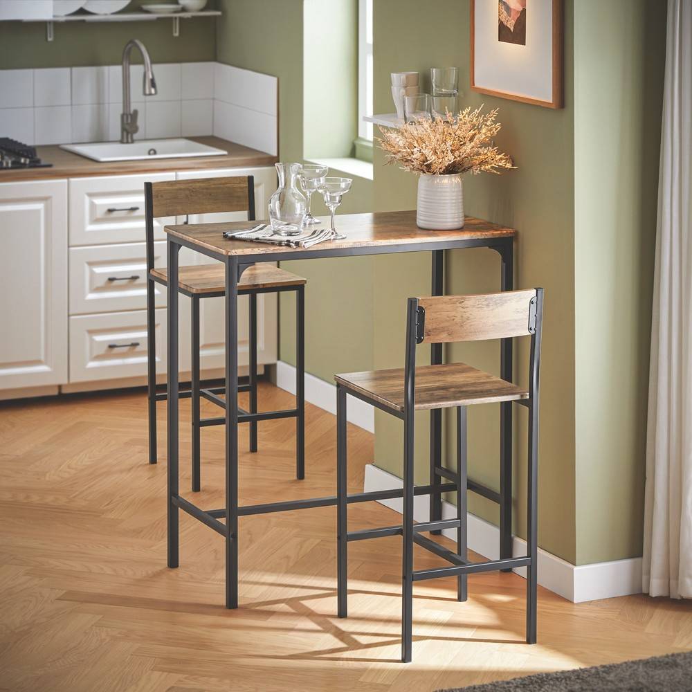 SoBuy Table de Bar Compacte avec 2 Tabourets - Style Industriel en Bois et Métal pour Petit Espace, 100 cm, OGT03-XL - Image 2