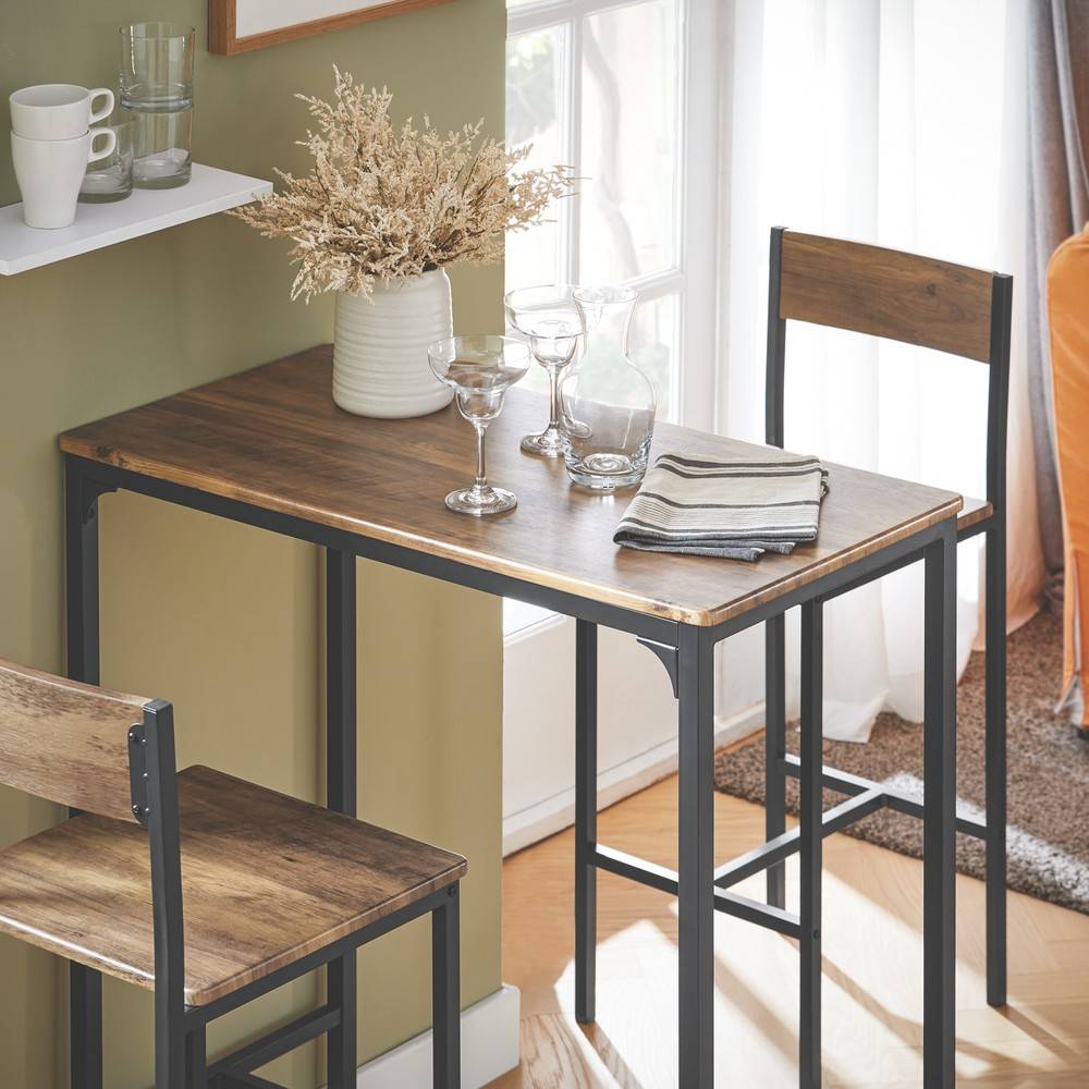 SoBuy Table de Bar Compacte avec 2 Tabourets - Style Industriel en Bois et Métal pour Petit Espace, 100 cm, OGT03-XL - Image 4