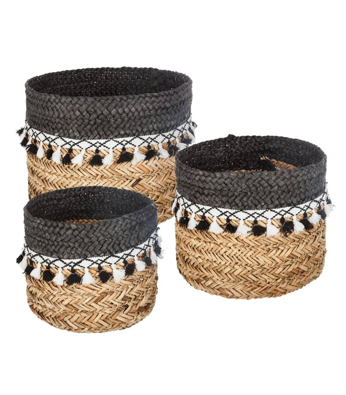 Set de 3 Paniers de rangement en Seagrass avec Pompons - Image 1