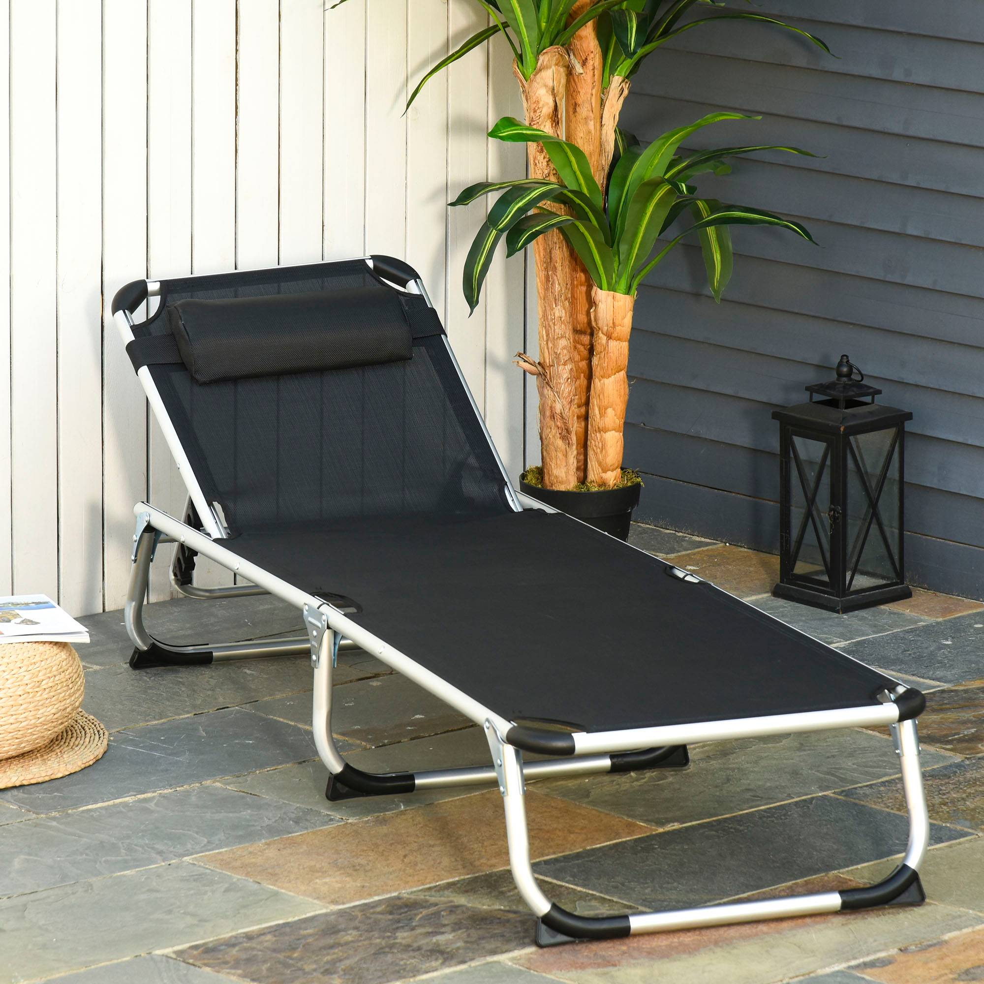 Transat pliable de jardin avec appui-tête, chaise longue 4 positions réglables, camping, charge 120 kg, noir - Image 4