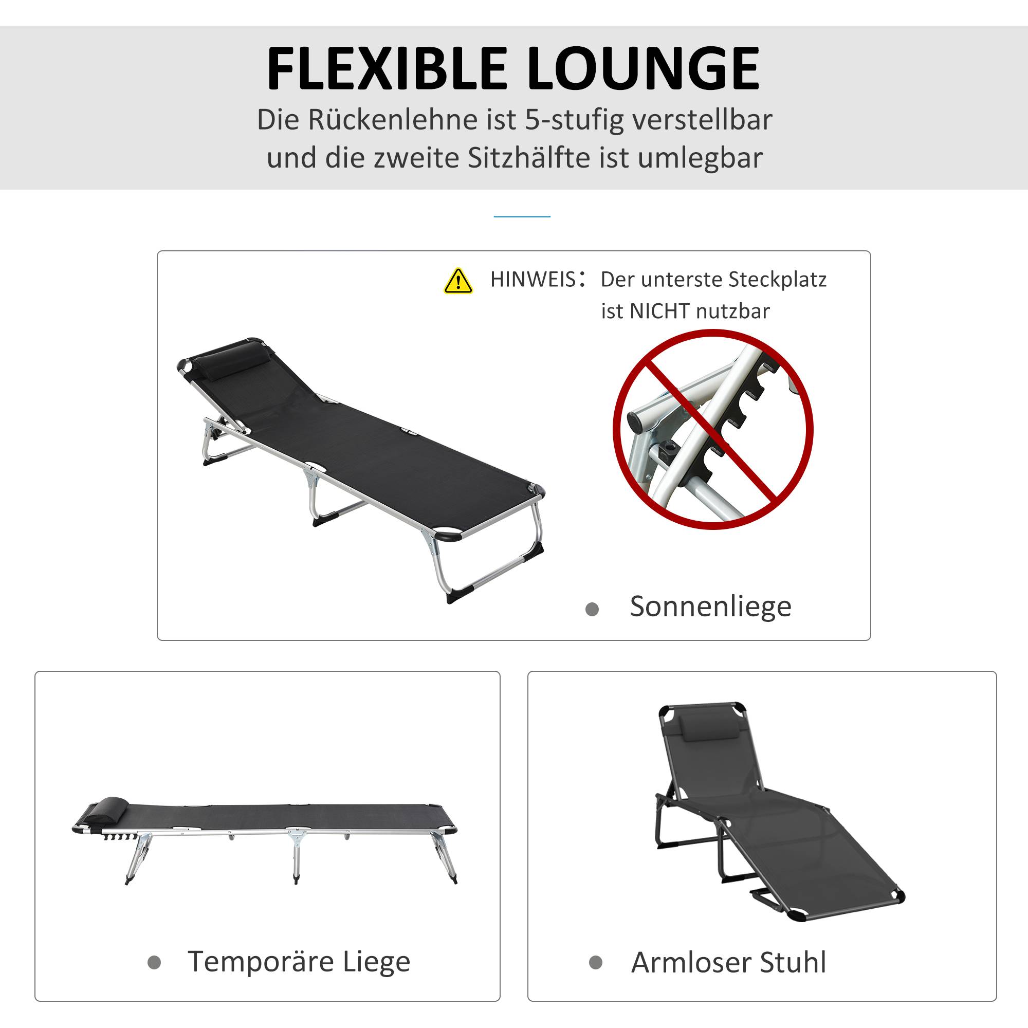 Transat pliable de jardin avec appui-tête, chaise longue 4 positions réglables, camping, charge 120 kg, noir - Image 6