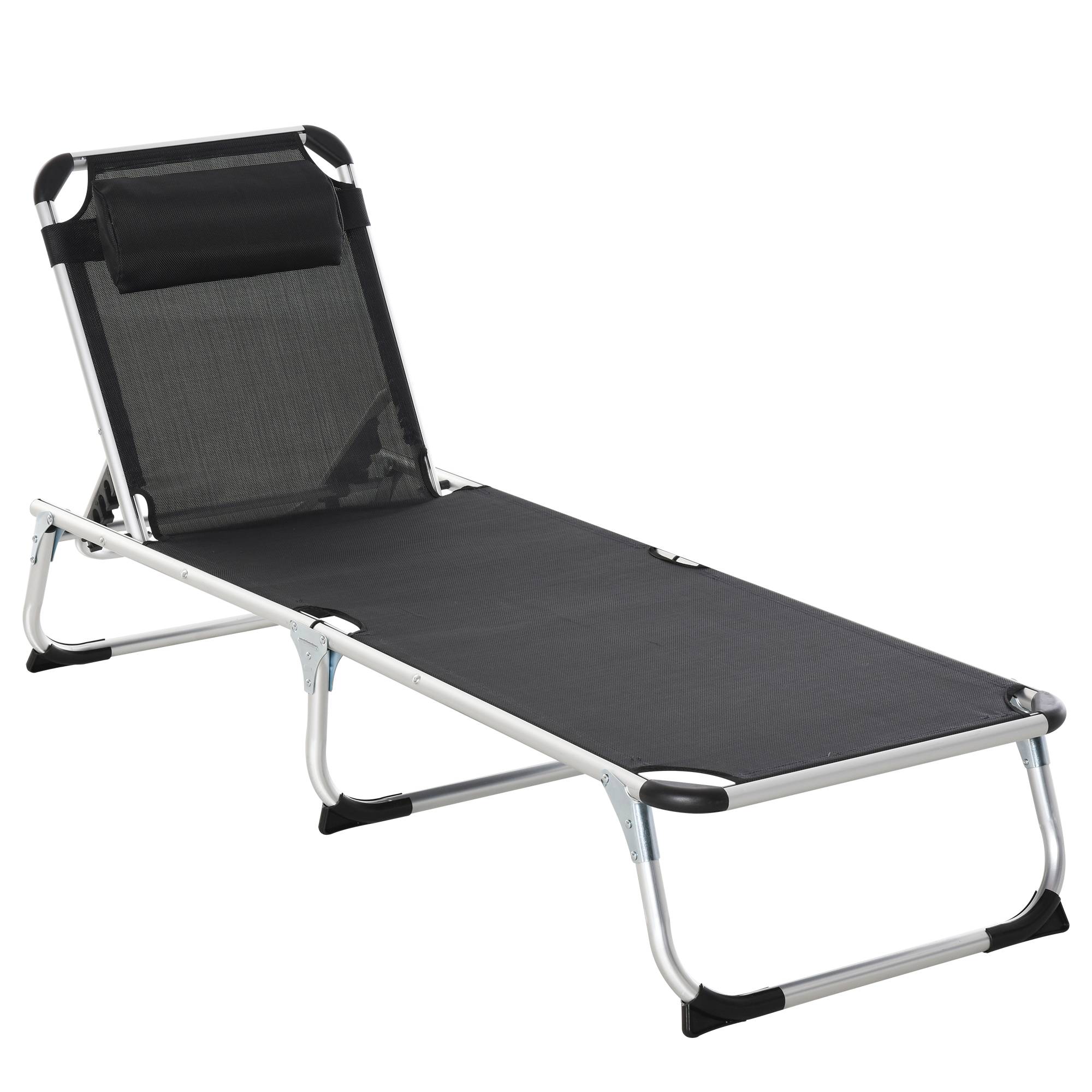 Transat pliable de jardin avec appui-tête, chaise longue 4 positions réglables, camping, charge 120 kg, noir - Image 1