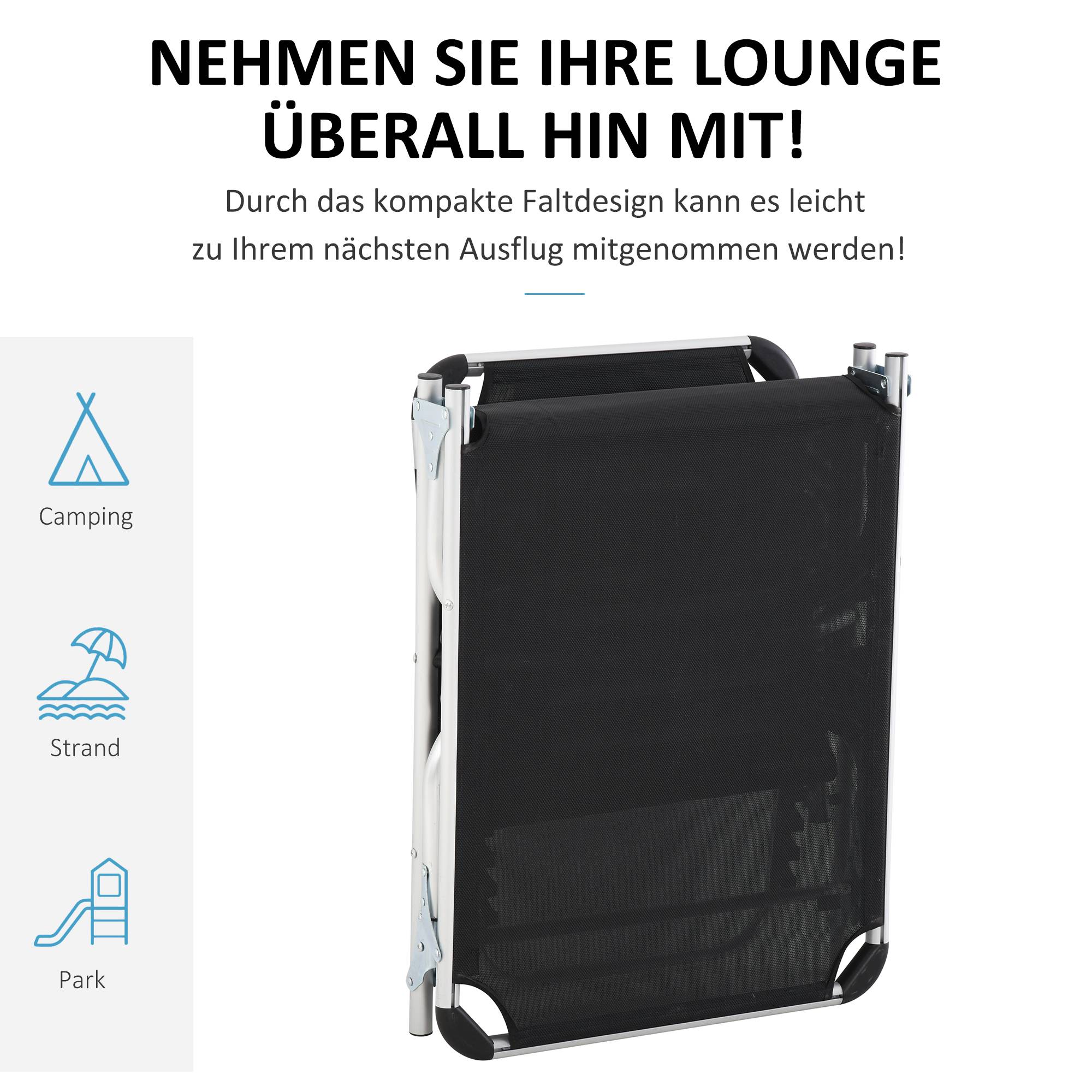 Transat pliable de jardin avec appui-tête, chaise longue 4 positions réglables, camping, charge 120 kg, noir - Image 8