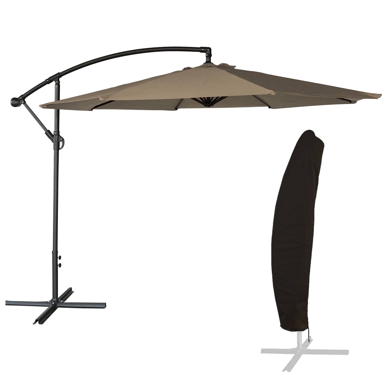 Parasol déporté OAHU rond 3,50m de diamètre taupe + housse - HAPPY GARDEN - Image 1