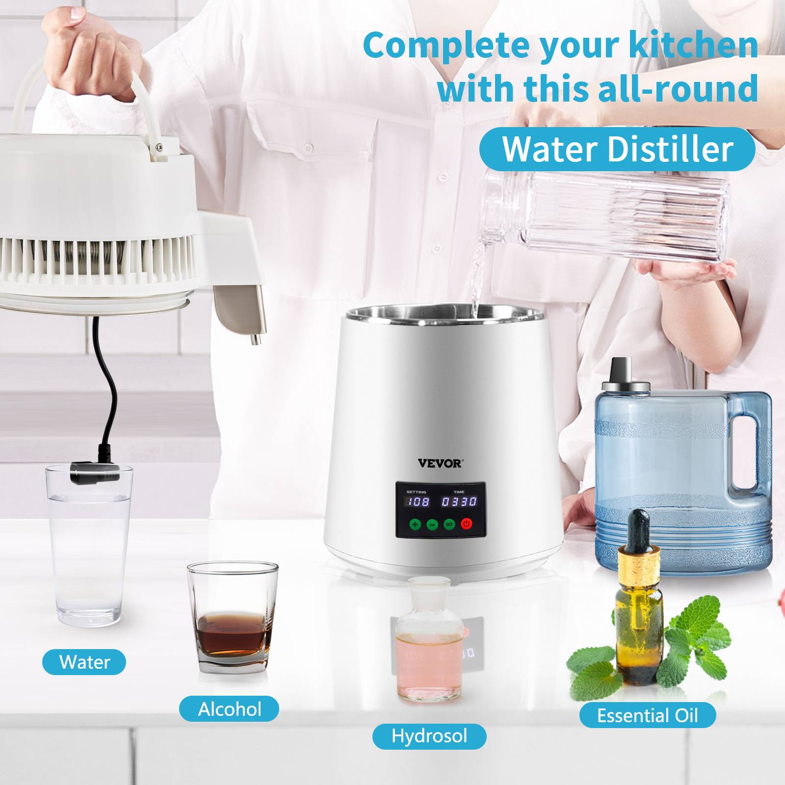 VEVOR Distillateur d'eau 4L, 1 L/h, inox 30-108°C, minuterie 0-99h, pour maison/bureau/clinique. - Image 2