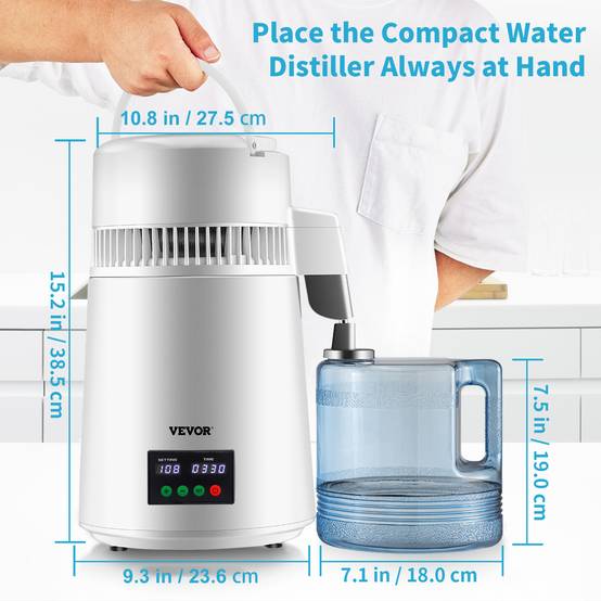 VEVOR Distillateur d'eau 4L, 1 L/h, inox 30-108°C, minuterie 0-99h, pour maison/bureau/clinique. - Image 7