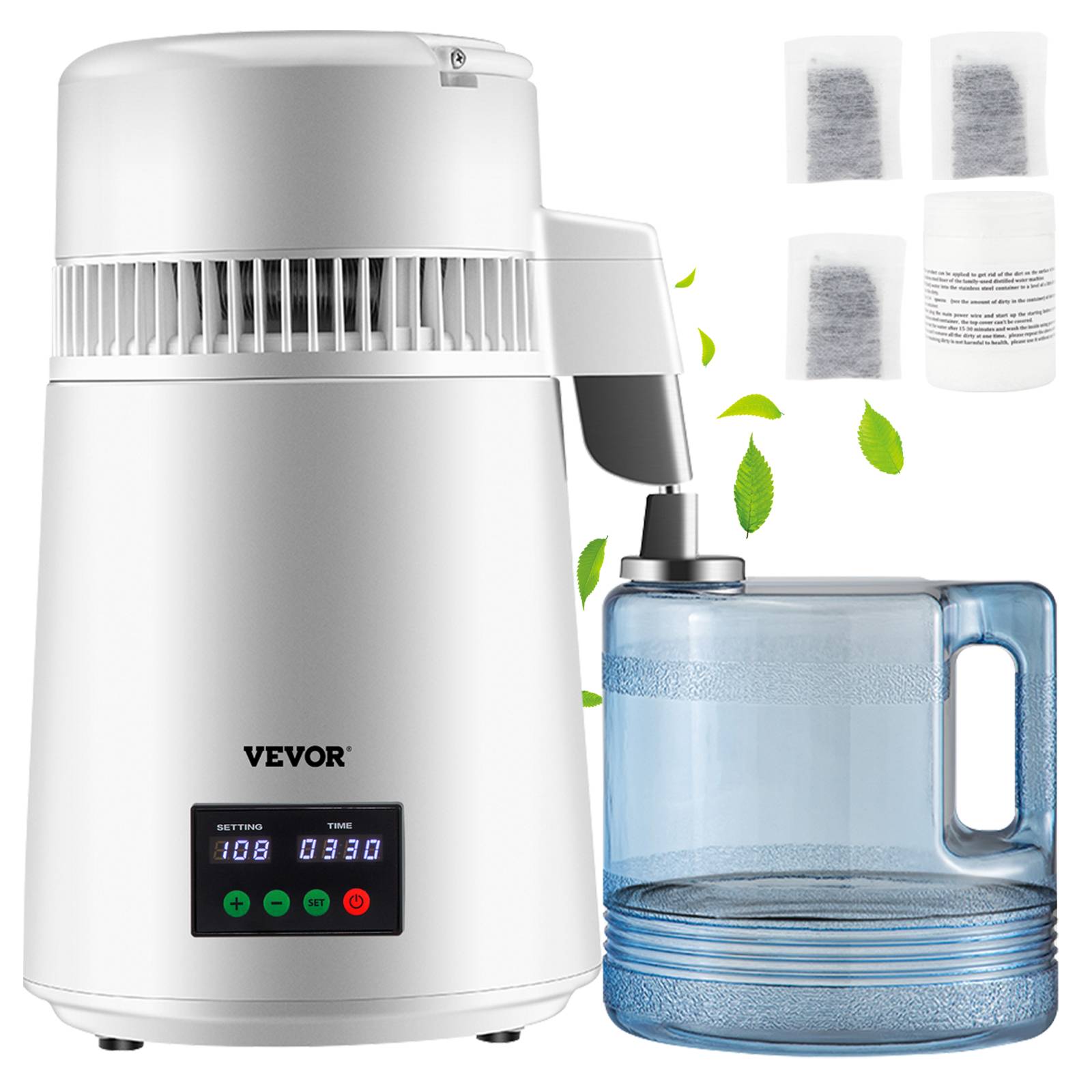 VEVOR Distillateur d'eau 4L, 1 L/h, inox 30-108°C, minuterie 0-99h, pour maison/bureau/clinique. - Image 1