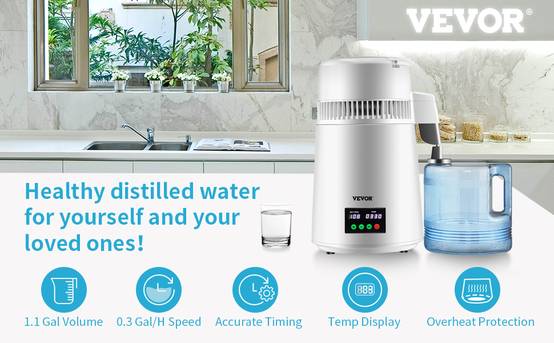 VEVOR Distillateur d'eau 4L, 1 L/h, inox 30-108°C, minuterie 0-99h, pour maison/bureau/clinique. - Image 9