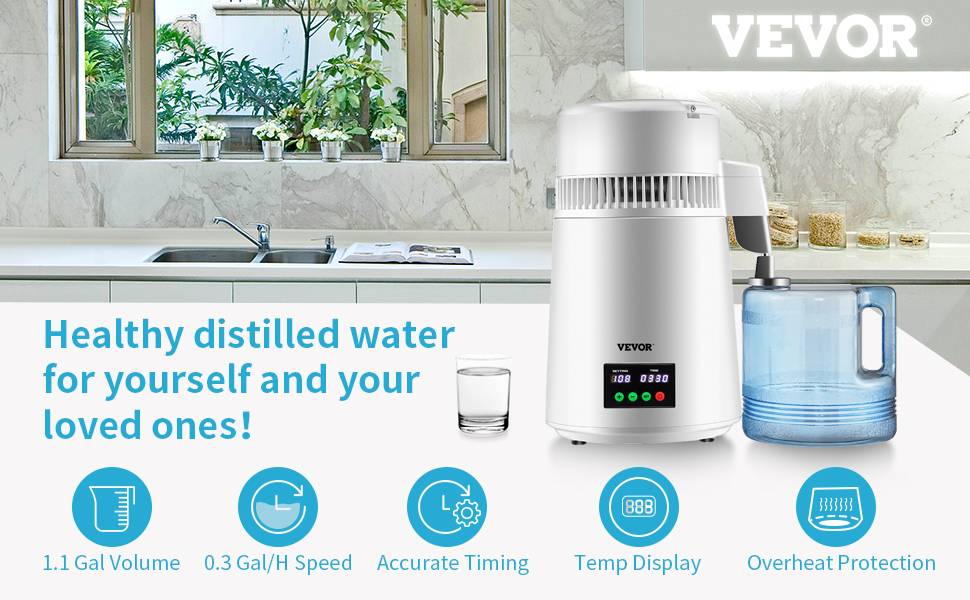 VEVOR Distillateur d'eau 4L, 1 L/h, inox 30-108°C, minuterie 0-99h, pour maison/bureau/clinique. - Image 9