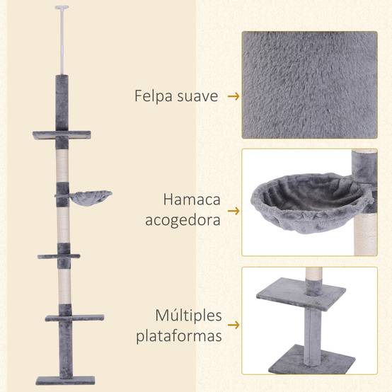 Arbre à chat du sol au plafond (230-260 cm) avec hauteur réglable, plateformes, hamac et poteaux en sisal, gris - Image 8