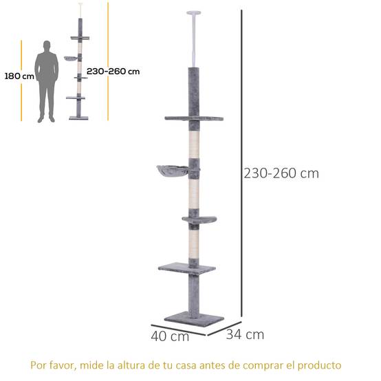 Arbre à chat du sol au plafond (230-260 cm) avec hauteur réglable, plateformes, hamac et poteaux en sisal, gris - Image 5