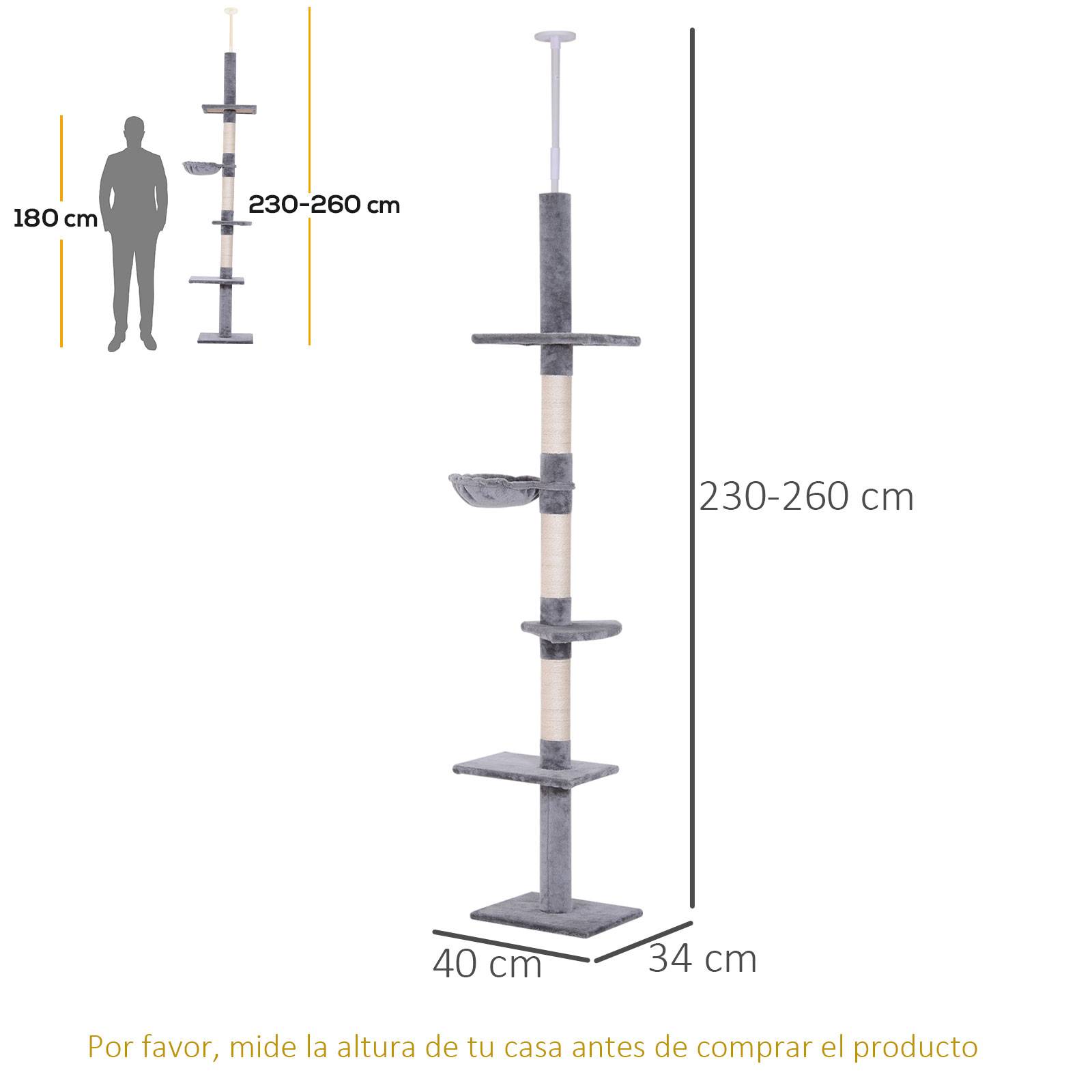 Arbre à chat du sol au plafond (230-260 cm) avec hauteur réglable, plateformes, hamac et poteaux en sisal, gris - Image 5