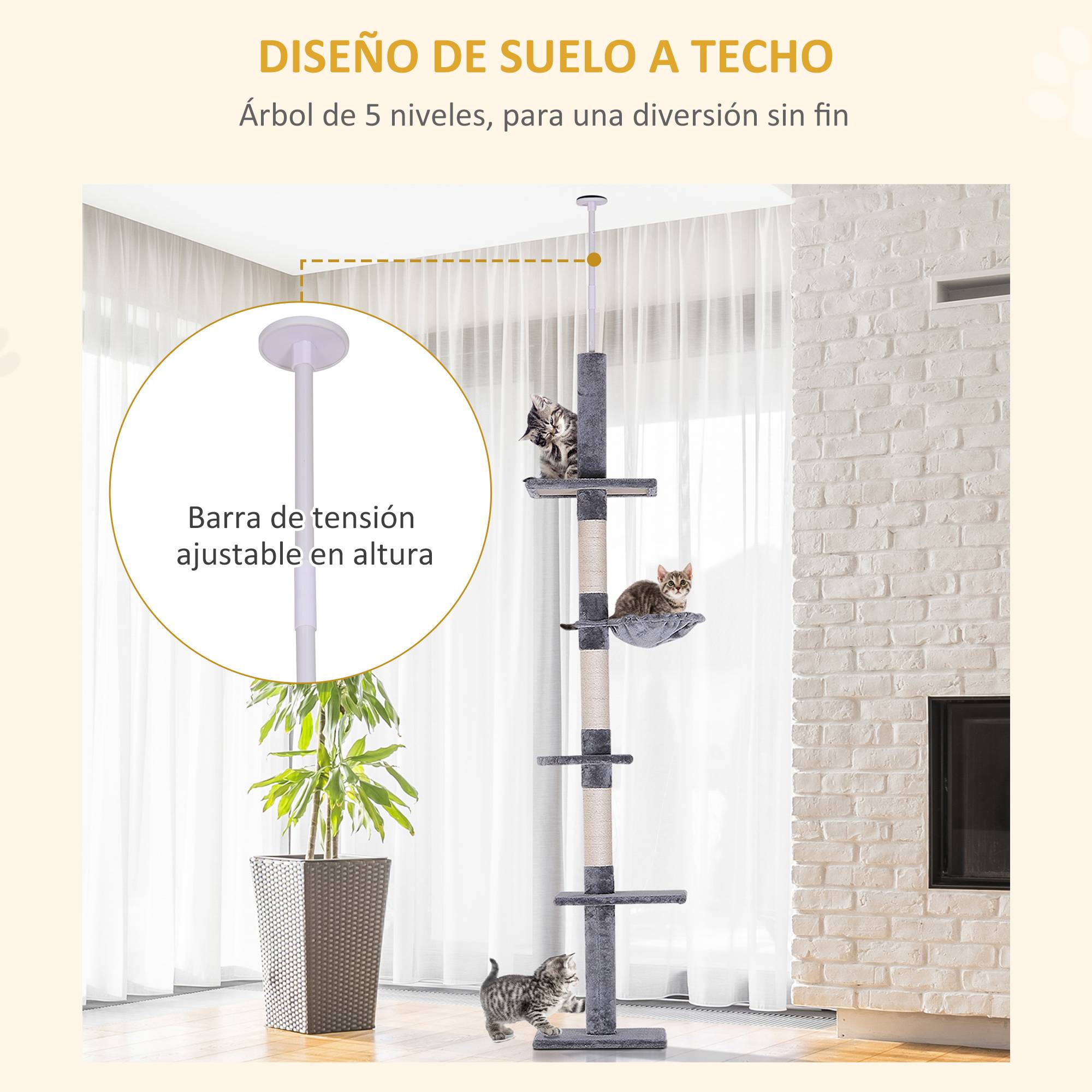 Arbre à chat du sol au plafond (230-260 cm) avec hauteur réglable, plateformes, hamac et poteaux en sisal, gris - Image 7