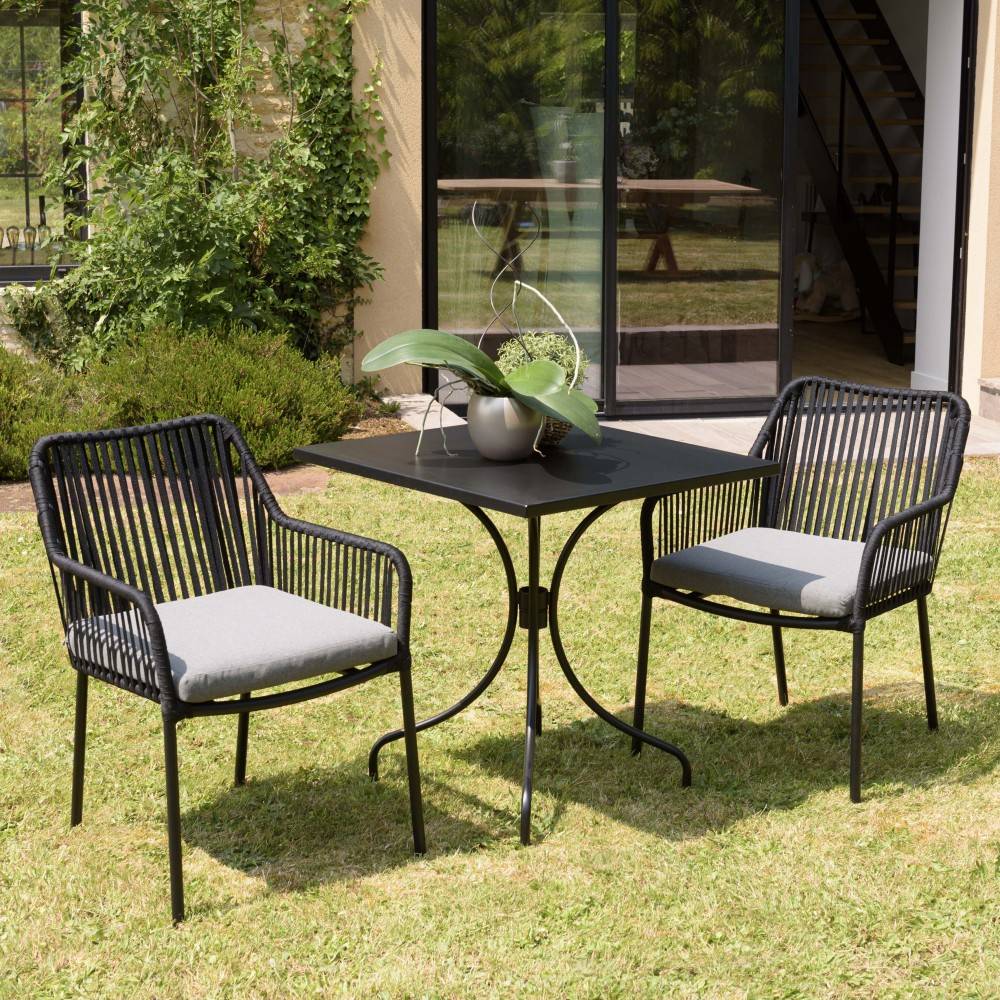Macabane - MALO - Ensemble de jardin -table 70x70cm et 2 fauteuils gris et noirs - Image 2