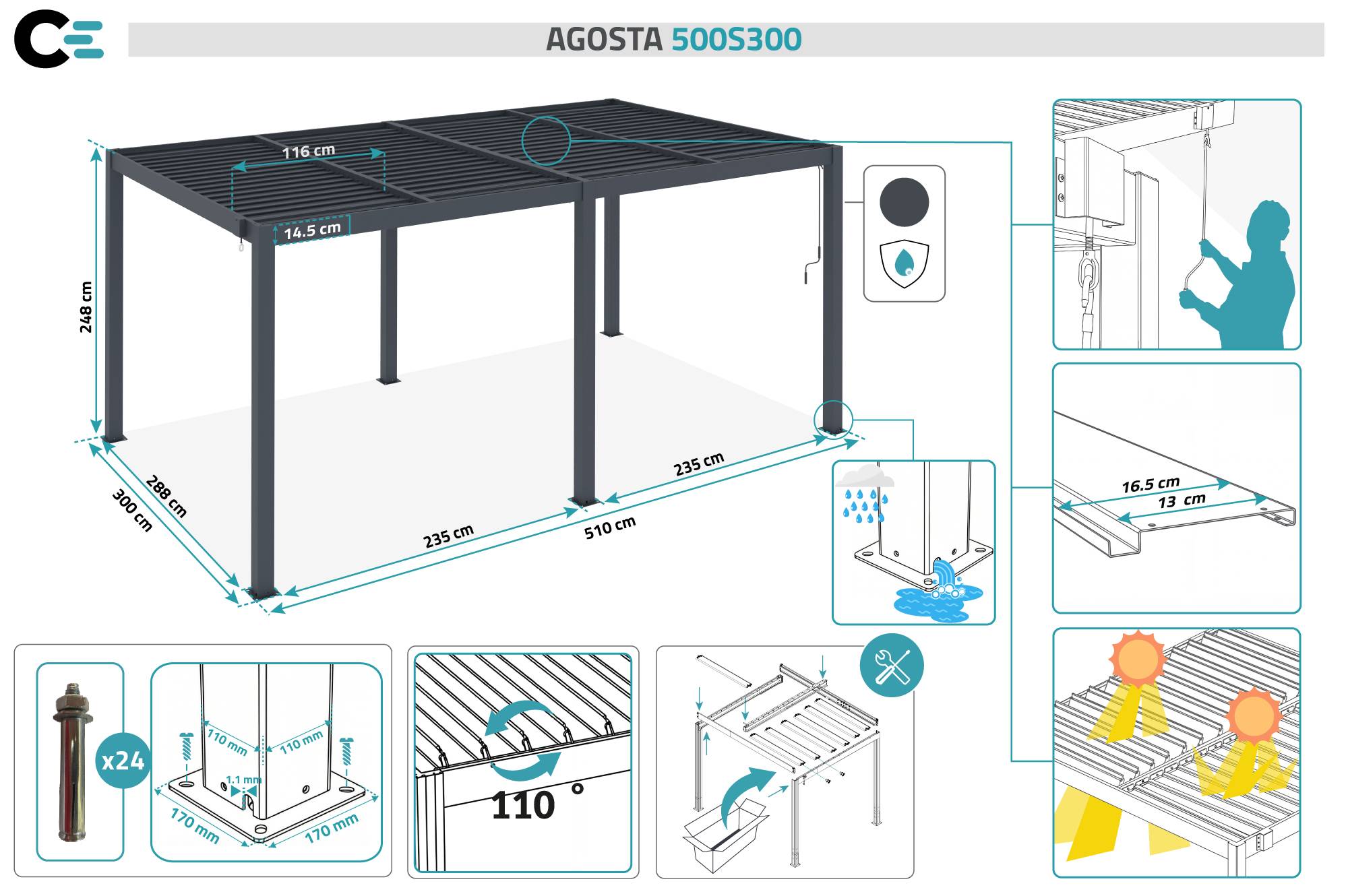 Pergola bioclimatique autoportée 5x3 m AGOSTA aluminium gris - Image 2
