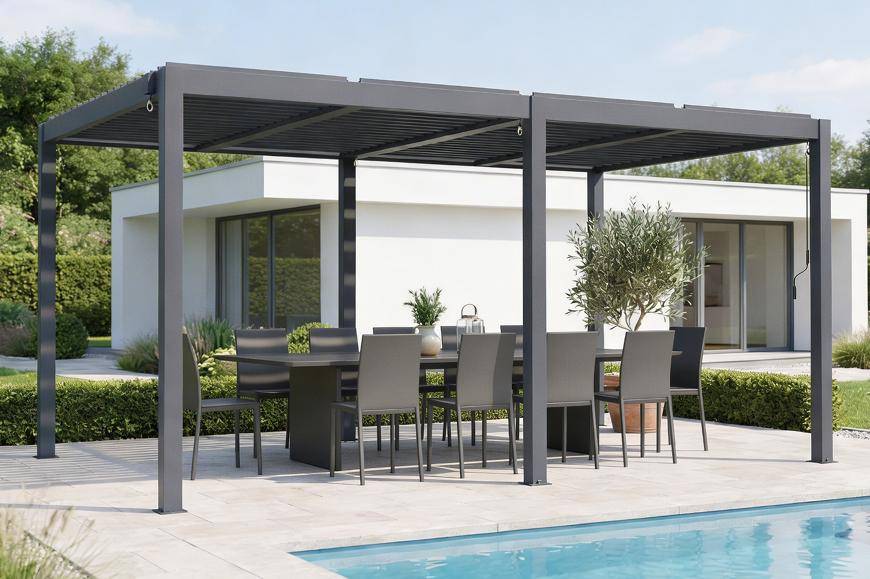Pergola bioclimatique autoportée 5x3 m AGOSTA aluminium gris - Image 1