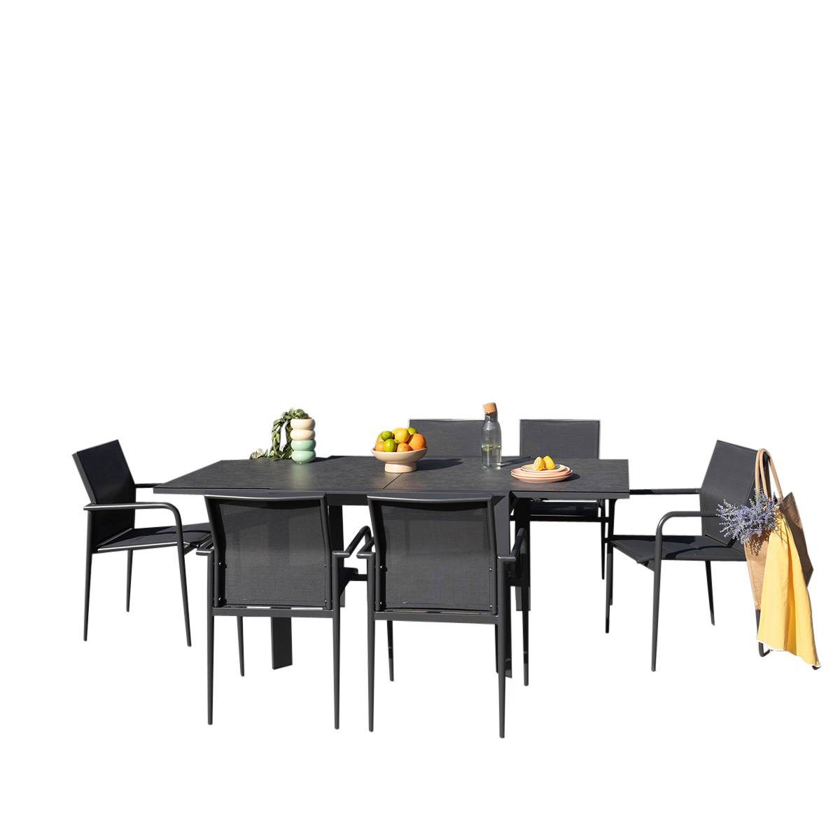 Ensemble 4/8p en aluminium et plateau en verre Gris avec 6 fauteuils MODULO - Image 1