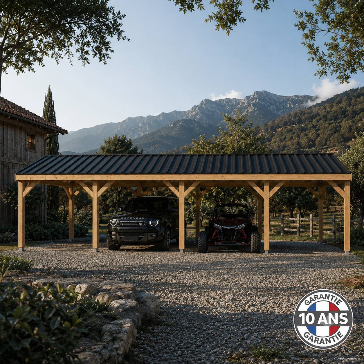 Cpbf Charpentes - Carport bois 2 pentes en bois douglas 40m². Abri voiture extérieur. Garantie 10 ans. - Image 3