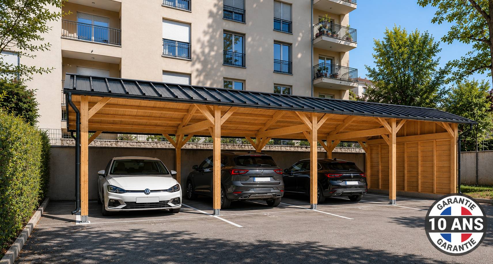 Cpbf Charpentes - Carport bois 2 pentes en bois douglas 40m². Abri voiture extérieur. Garantie 10 ans. - Image 1