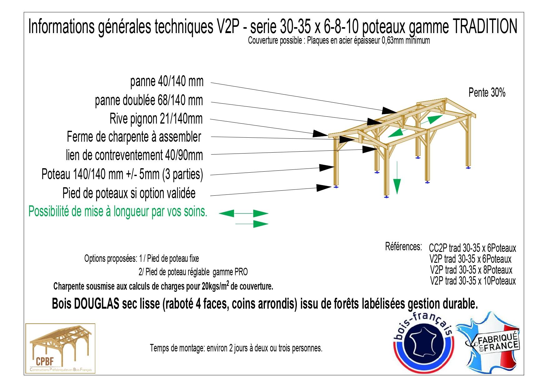 Cpbf Charpentes - Carport bois 2 pentes en bois douglas 40m². Abri voiture extérieur. Garantie 10 ans. - Image 4